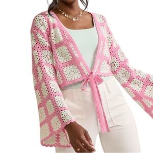 Francesca’s Lilly Tie Front Crochet Cardigan Pink Granny Square Boho NWT